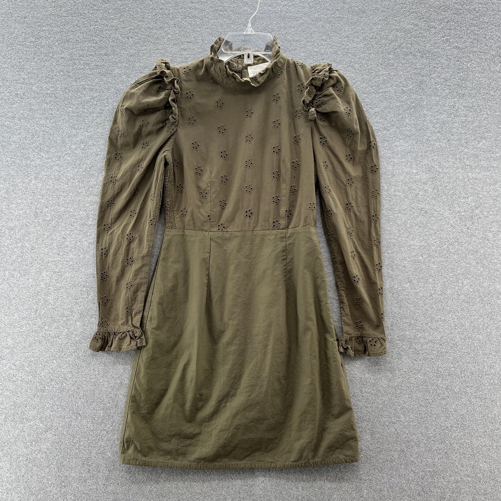 Tuckernuck Hyacinth House Dress XS Green Eyelet High Neck Ruffle Cotton Mini